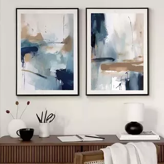  Cuadros Deco Arte Abstracto Azul Modernos 43x63cm Set X2