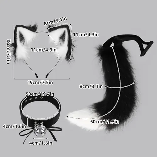Diadema Y Cola De Gato De Peluche Marrón Y Blanco, Accesorios Para Disfraces De Halloween Y Fiestas Temáticas, Orejas De Gato Y Cola De Felpa