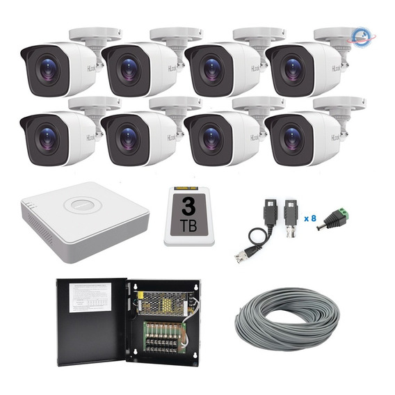 Kit 8 Cámaras Cctv Hikvision  2mpx Dvr 16 3tb 200m Cable