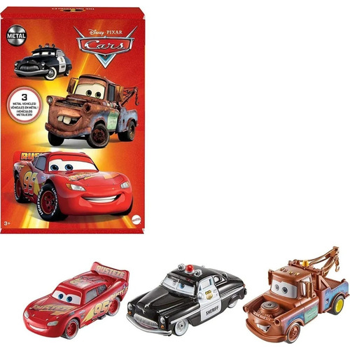 CARS, Paquete de 3 Vehículos, Rayo McQueen, Mate y Sheriff, Escala 1:55, Juguetes Mattel