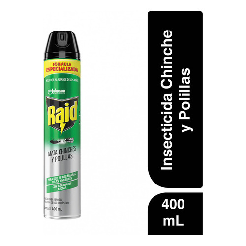 Raid® Insecticida en aerosol mata chinches y polillas fórmula especializada para uso en recámaras telas y muebles 400 ml
