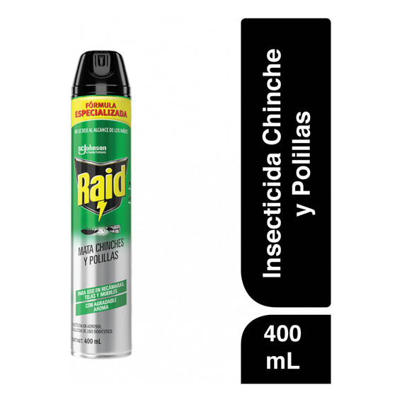 Raid® Insecticida en aerosol mata chinches y polillas fórmula especializada para uso en recámaras telas y muebles 400 ml