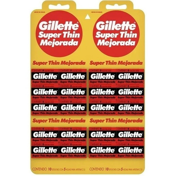 Gillette Super Thin Mejorada Roja 20 X 5 Hoja De Afeitar - Filo Simple Acero Inoxidable - Blister 20 Cajas de 5 Unidades C/U