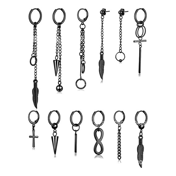 Pack 12 Aretes Hombre Negros Piercing Acero Colgantes 