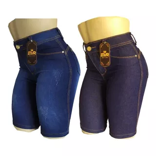 Kit Com 2 Bermuda Jeans Feminino Ate O Joelho - Cintura Alta