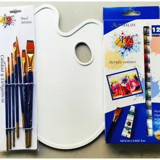 Kit De Pintura Acrilicos X 12, Pinceles, Paleta