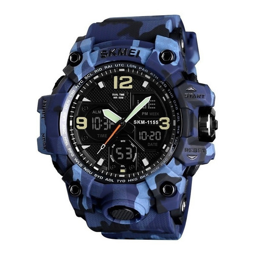 Reloj pulsera Skmei 1155 con correa de poliuretano color camuflado azul - fondo negro - bisel camuflado azul/negro