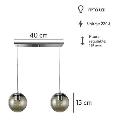 Colgante 2 Luces Globo 15cm Fumé Deco Moderno Apto Led E27