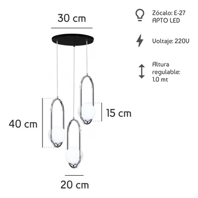 Colgante 3 Luces Marsella Oval Cromo Globo Opal Base Redonda