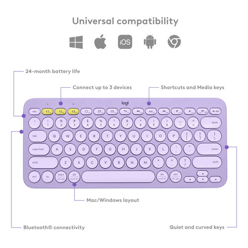 Logitech K380, Teclado Bluetooth Multi-dispositivo - Lavanda Color del teclado Lavender Lemonade Idioma Español