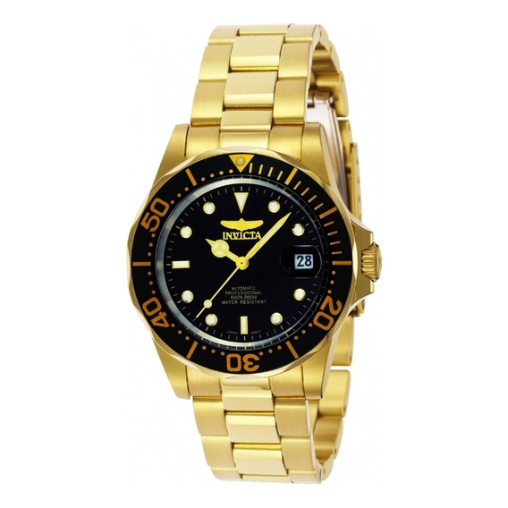 Reloj de pulsera Invicta Pro Diver 8929 de cuerpo color oro, analógico, para hombre, fondo negro, con correa de acero inoxidable color oro, agujas color oro y blanco, dial oro y blanco, minutero/segun