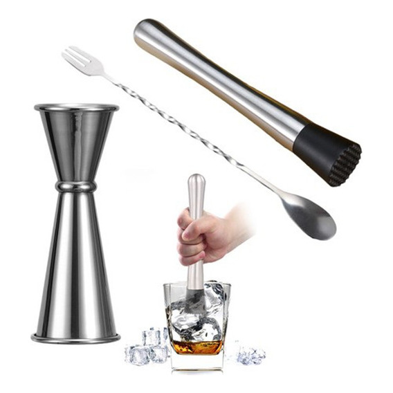 Kit De Muddler De Acero Inoxidable Con Jigger Cuchara Bar