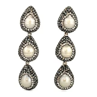 Aretes Plata Turca 0.925 Con Triple Gota Perla Con Marcasita