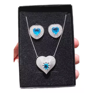 Conjunto Brinco Colar Luxo Azul Zirconia Semijóia Ródio