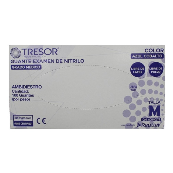 Guante Nitrilo Azul Cobalto Tresor Talla M, Caja X 100