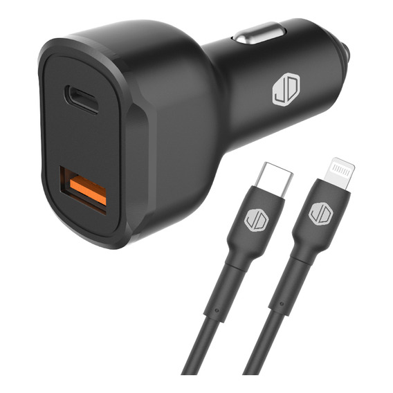 Cargador De Auto Jd C-49 Negro Doble Puerto + Cable Usb C A Lightning 12v 1.5a 30w Carga Rapida