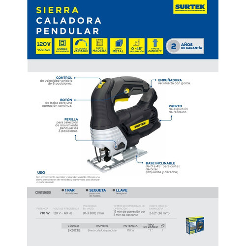 Sierra Caladora Pendular Sk503b Surtek Potencia 710 W /v