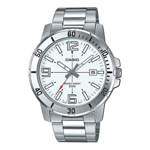 Reloj pulsera Casio MTP-VD01 con correa de acero inoxidable color plateado - fondo blanco