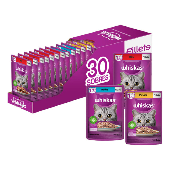 Whiskas pack alimento húmedo gato sabores atún carne pollo 30 sobres