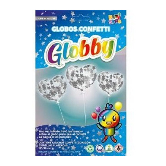 Globo Corazon Con Confetti Estrellas Plateadas Globby X 6 Un