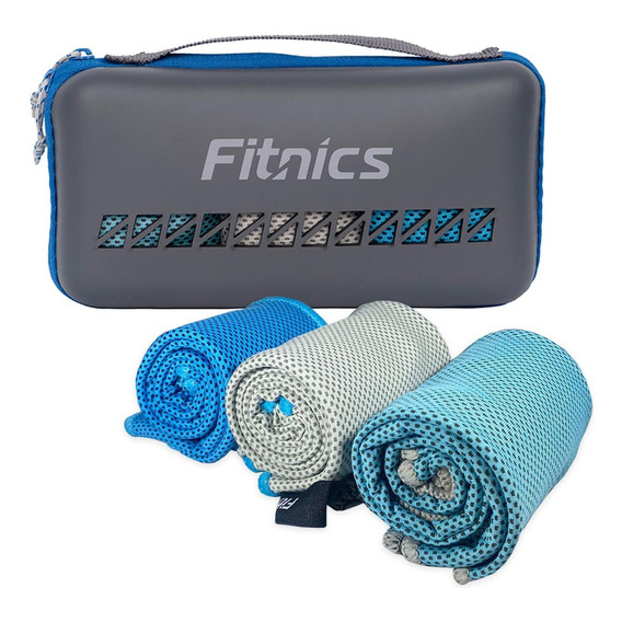 Toalla Microfibra Set De 3 Fitnics 100x30 Ejercicio +estuche Color Azul/gris