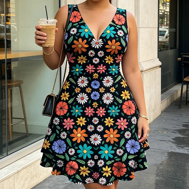 Vestido Curto Feminino Decote V Sem Manga Floral Margaridas