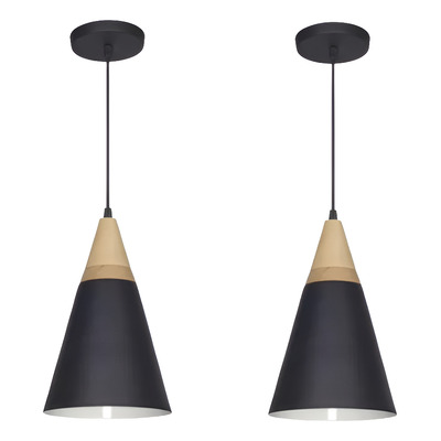 Combo X 2 Lámpara Colgante Negro Nórdica Con Madera Pehuen