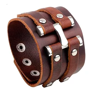 Pulsera De Cuero Para Hombre Brazalete Ancho De Piel Moda Color Marrón Largo 23 Cm