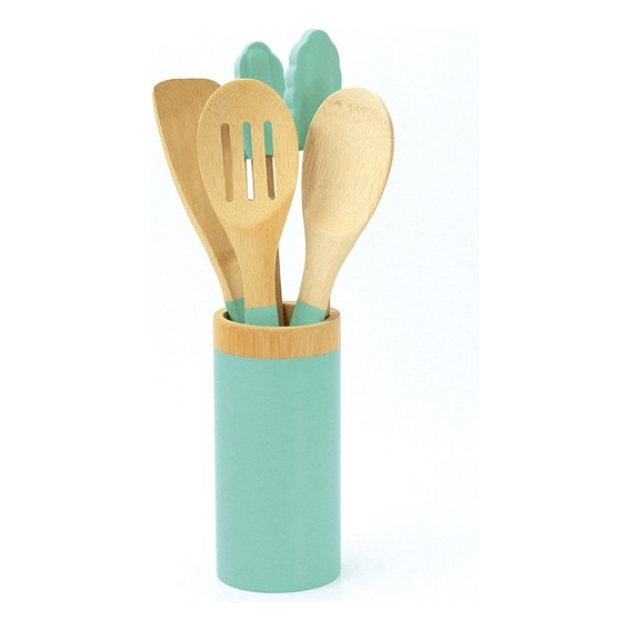 Set 4 Utensilios Bambú Menta Color Celeste