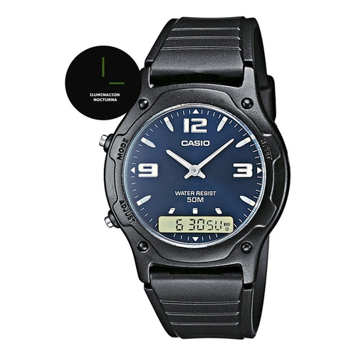 Reloj Hombre Casio Aw-49he-2av Análogo Digital / Color De La Correa Negro Color Del Bisel Negro Color Del Fondo Azul