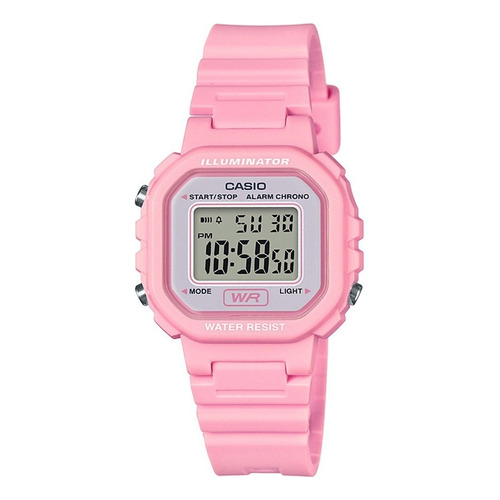 Reloj pulsera Casio Youth LA-20 de cuerpo color rosa, digital, fondo gris, con correa de resina color rosa, dial negro, minutero/segundero negro, bisel color rosa, luz ámbar y hebilla simple
