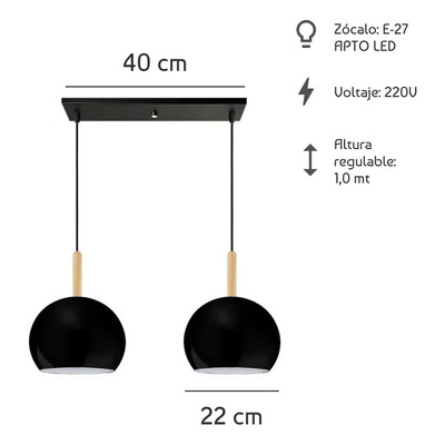 Colgante 2 Luces Bocha 22cm Negra Con Madera Luz Desing