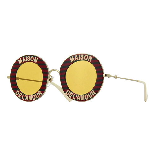 Anteojos de sol Gucci GG0113S con marco de metal color rojo/verde/dorado, lente amarilla de nailon clásica, varilla dorada de metal
