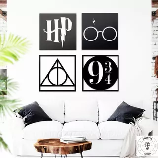 Kit 4 Quadros Harry Potter Mdf Vazados Preto 25cm +brinde 