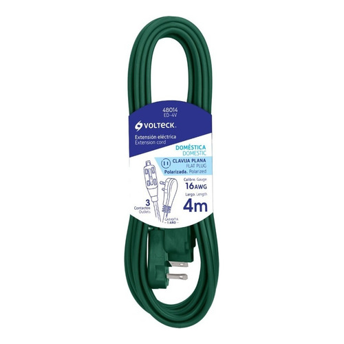 Extensión Eléctrica Doméstica, 4m, Verde, Volteck 48014