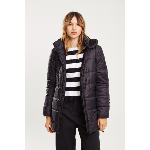 Campera Puffer Larga Capucha  Corderito Negro -koxis Mujer