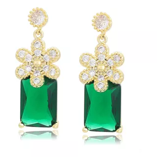 Aretes Oro 14k Lam Swarovski Esmeralda Verde Regalo Fiesta 