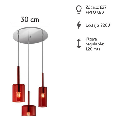 Colgante 3 Luces Base Cromo Wide Fat Tall Rojo Apto Led Lk  