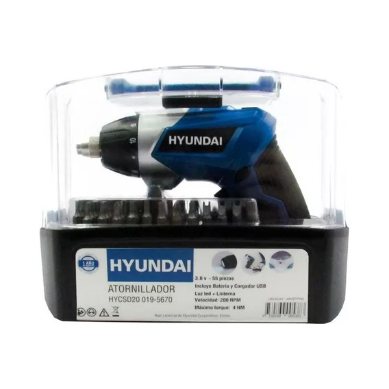 Kit Atornillador Inalambrico 3.6v + 55 Pcs Linterna Hyundai