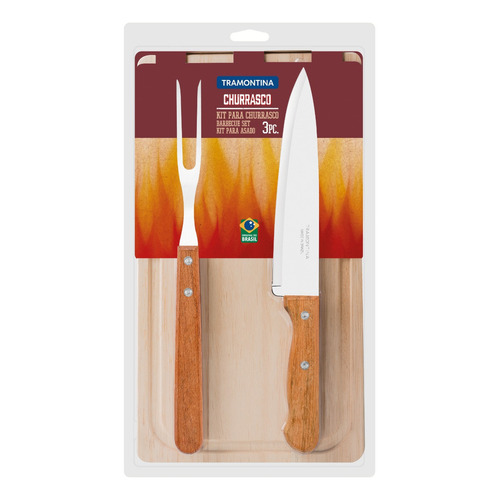 Kit Tramontina para asar tallado de 3 piezas con tabla de madera natural y cuchillas de acero inoxidable
