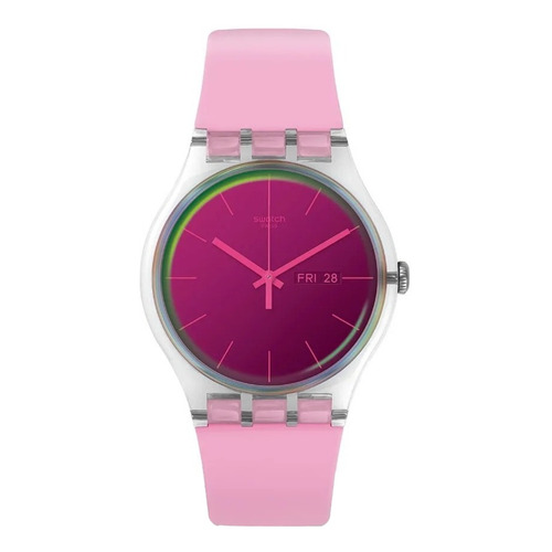 Reloj pulsera Swatch Originals POLAROSE de cuerpo color transparente, analógico, para mujer, fondo rosa, con correa de silicona color rosa, agujas color rosa, dial rosa, bisel color plateado y hebilla simple