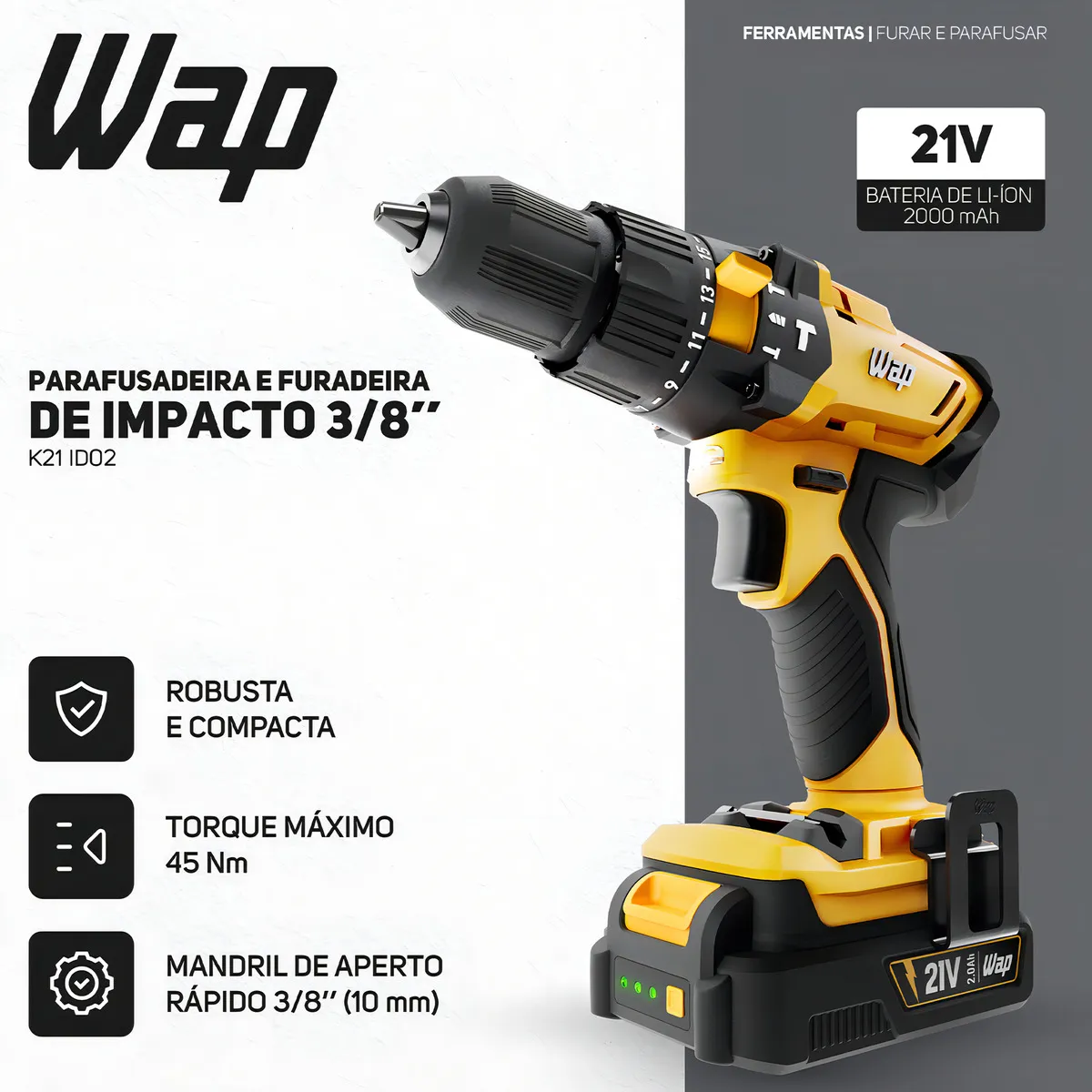 Parafusadeira e Furadeira de Impacto 3/8" WAP K21 ID02 2000 mAh - Imagem 10