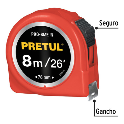 Flexómetro Rojo 8 M Cinta 25 Mm Pretul 29999