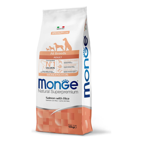 Monge Monoprtein alimento all breeds para perro adulto todos los tamaños sabor salmón y arroz en bolsa de 12kg