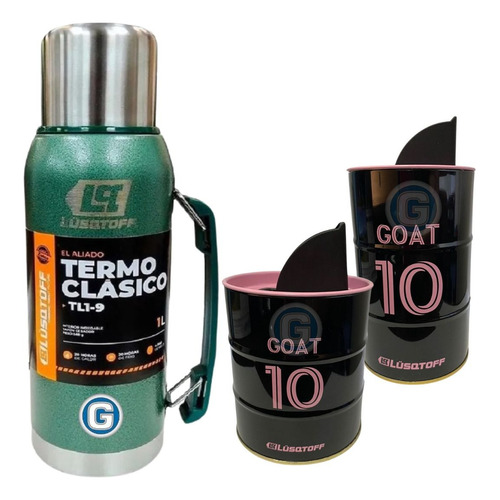 Kit Termo Verde Lüsqtoff 1l + Yerbera Azucarera Goat 10 Mate Color Verde Musgo