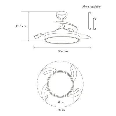 Ventilador De Techo Negro Retractil Luz Control Luz Desing 1.06 M 50hz/ 60hz Negro Transparente Acrílico 4