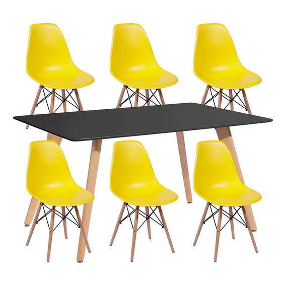 Juego De Comedor C/ Mesa Rectangular + 6 Sillas Diseño Eames Color Amarillo