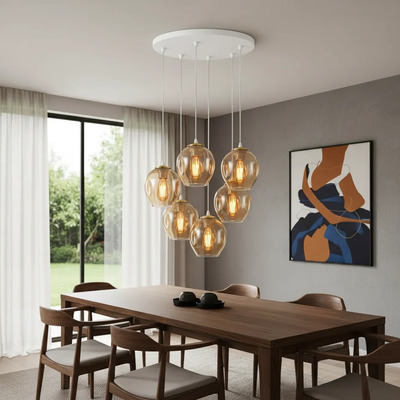 Colgante 6 Luces Ástrid Ambar Base Redonda 48cm Apto Led E27 Ámbar