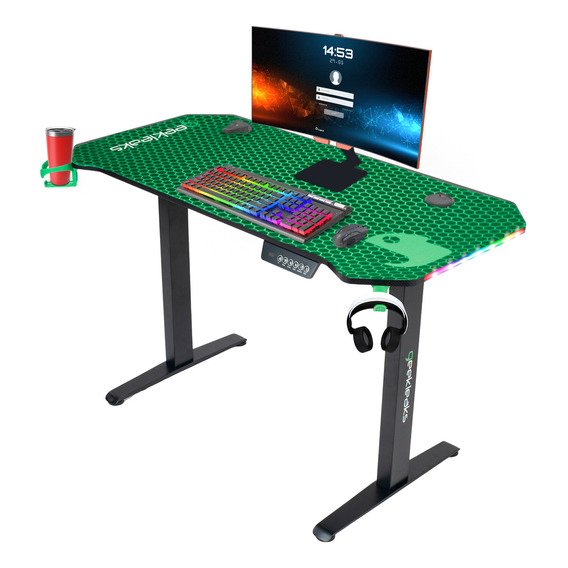 Escritorio Gamer Rgb Luces Led Altura Ajustable Portavasos Color Verde Geekleaks GL-EGS01