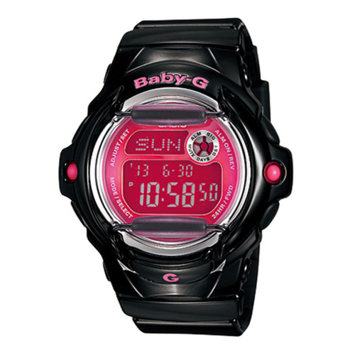 Reloj pulsera Casio Baby-G BG-169 de cuerpo color negro, digital, para mujer, fondo rosa, con correa de resina color negro, dial gris, subesferas color gris y rosa, minutero/segundero gris, bisel color negro y plateado, luz rosa y hebilla simple